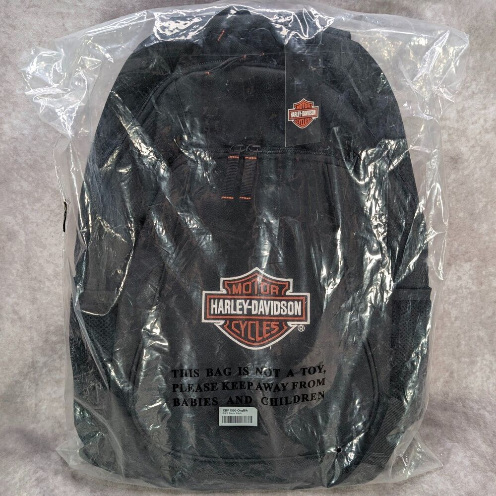Harley-Davidson B&S Bar & Shield Black Backpack Bookbag XBP1500-OrgBlk Men's NWT - Picture 7 of 7